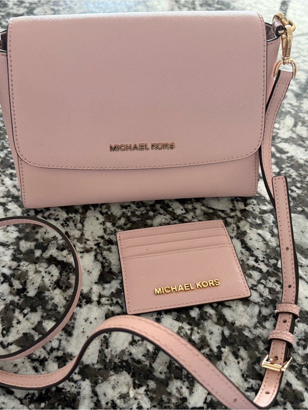 Michael Kors Pink Saffiano Crossbody Bag with Card Holder and Gold Hardware